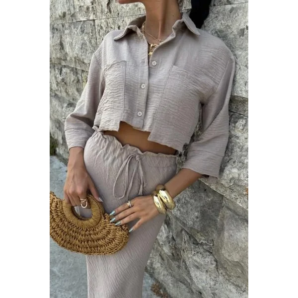 Crop Gömlekli Ve Eteği Büzgülü Tasarım Takım 10201