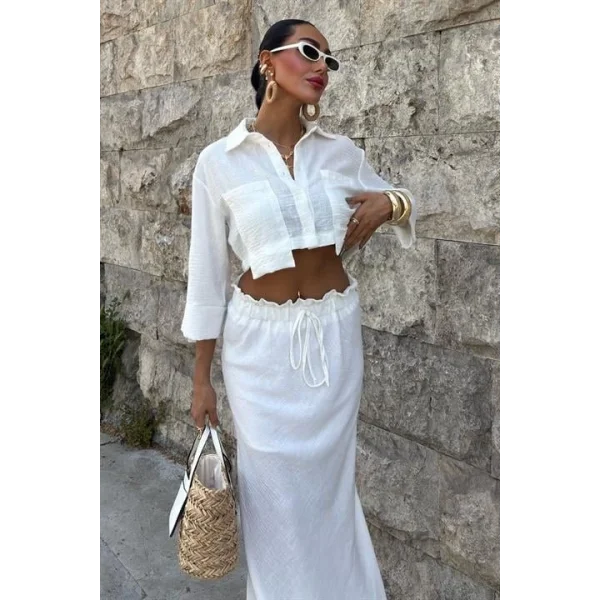 Crop Gömlekli Ve Eteği Büzgülü Tasarım Takım 10201