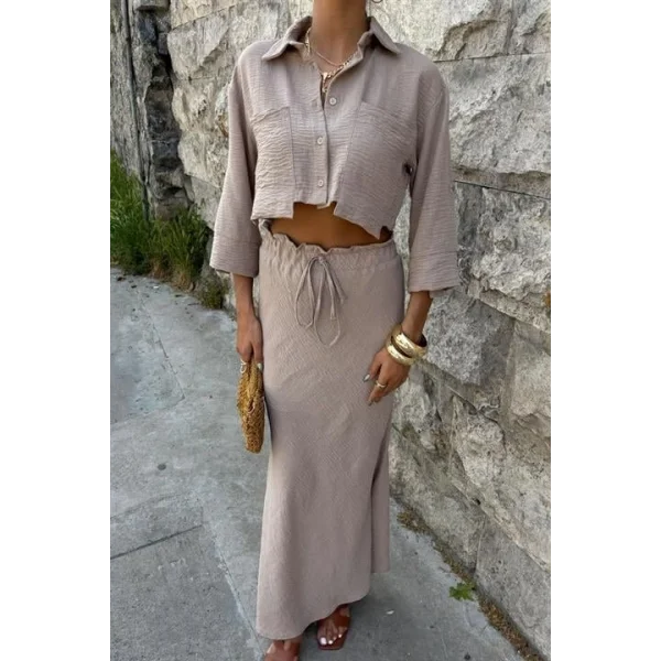 Crop Gömlekli Ve Eteği Büzgülü Tasarım Takım 10201