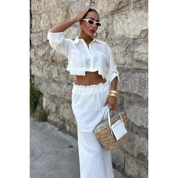 Crop Gömlekli Ve Eteği Büzgülü Tasarım Takım 10201