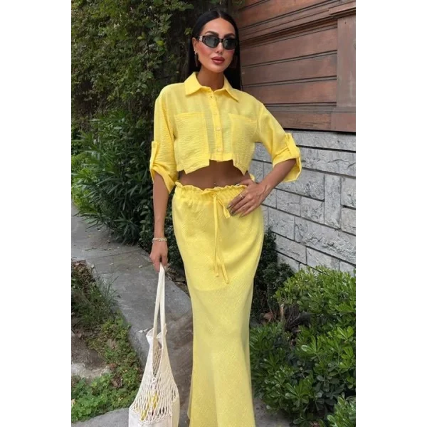 Crop Gömlekli Ve Eteği Büzgülü Tasarım Takım 10201