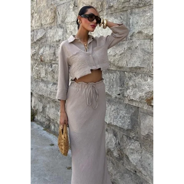 Crop Gömlekli Ve Eteği Büzgülü Tasarım Takım 10201