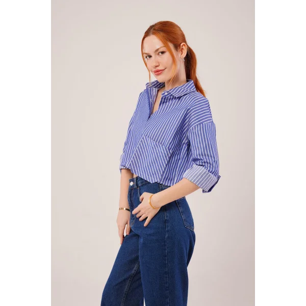 Crop odel Cepli Ve Çizgili avi Gömlek