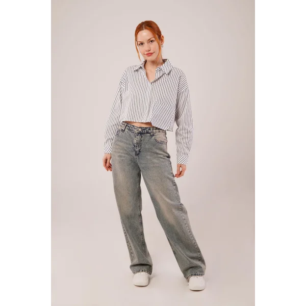 Crop odel Cepli Ve Çizgili Beyaz Gömlek