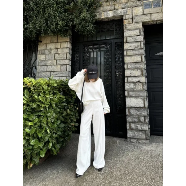 Crop, Pantolon Fitilli İkili Takım -Beyaz