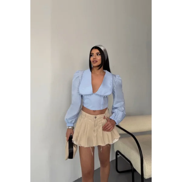 CROP POPLİN GÖMLEK YAKA KENAR DANTEL DETAYLI - Bebe Mavi