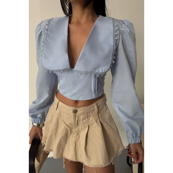 CROP POPLİN GÖMLEK YAKA KENAR DANTEL DETAYLI - Bebe Mavi