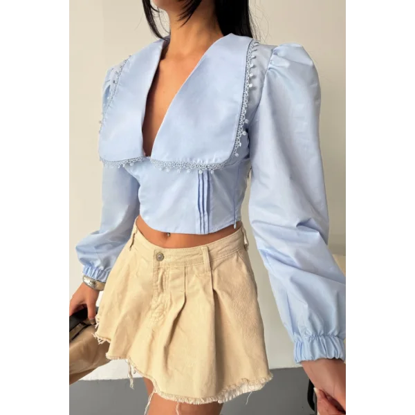 CROP POPLİN GÖMLEK YAKA KENAR DANTEL DETAYLI - Bebe Mavi