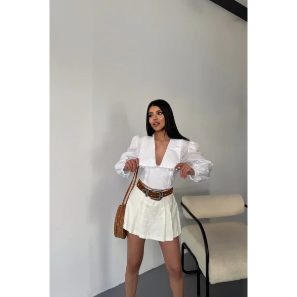 CROP POPLİN GÖMLEK YAKA KENAR DANTEL DETAYLI - Beyaz