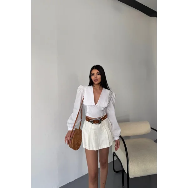 CROP POPLİN GÖMLEK YAKA KENAR DANTEL DETAYLI - Beyaz