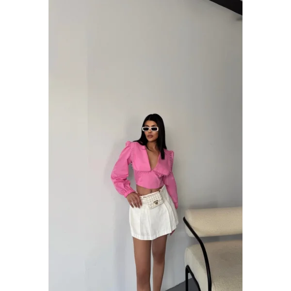 CROP POPLİN GÖMLEK YAKA KENAR DANTEL DETAYLI - Pembe