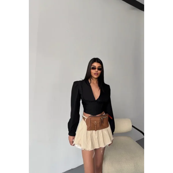 CROP POPLİN GÖMLEK YAKA KENAR DANTEL DETAYLI - Siyah