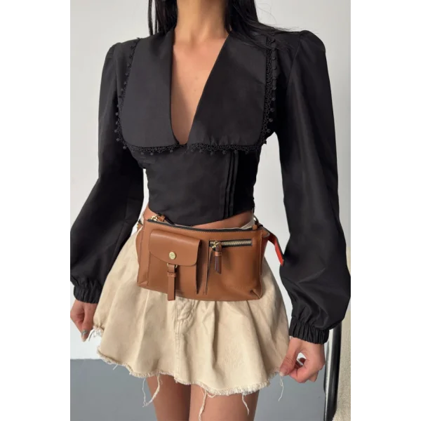 CROP POPLİN GÖMLEK YAKA KENAR DANTEL DETAYLI - Siyah