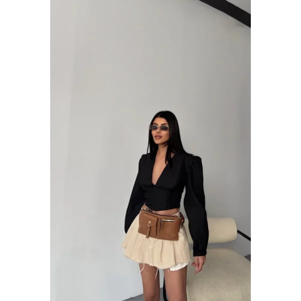 CROP POPLİN GÖMLEK YAKA KENAR DANTEL DETAYLI - Siyah