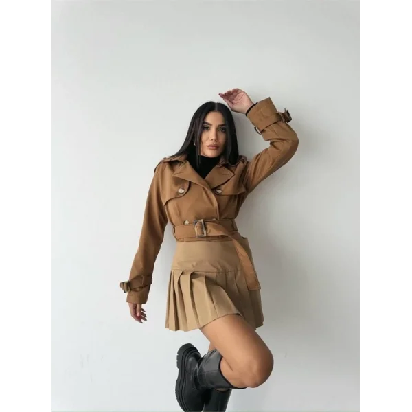 CROP TRENCH KEMER DETAYLI - Kahverengi