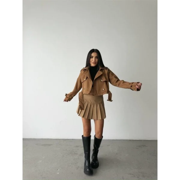 CROP TRENCH KEMER DETAYLI - Kahverengi