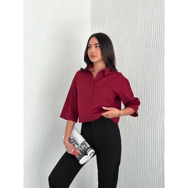 Crop Yakalı Gömlek Üç Çeyrek Sleeve Kol - Bordo