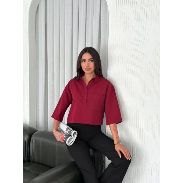 Crop Yakalı Gömlek Üç Çeyrek Sleeve Kol - Bordo