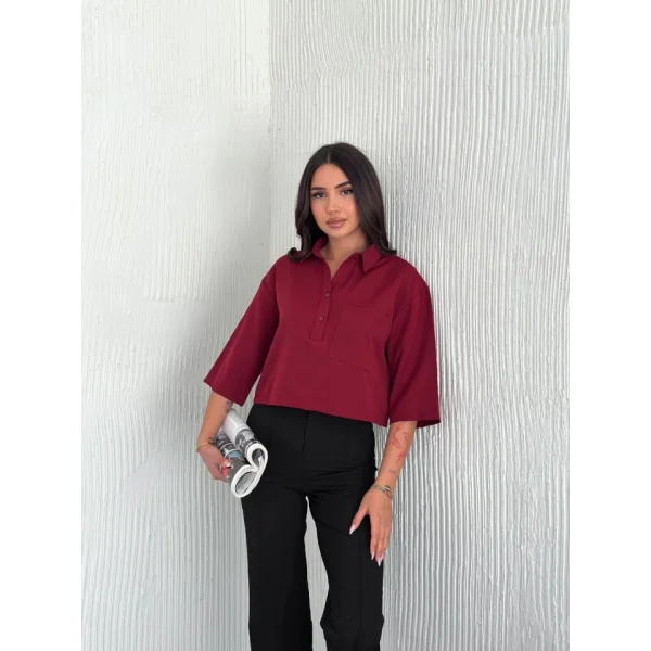 Crop Yakalı Gömlek Üç Çeyrek Sleeve Kol - Bordo