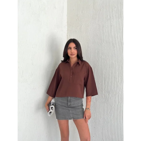 Crop Yakalı Gömlek Üç Çeyrek Sleeve Kol - Kahverengi