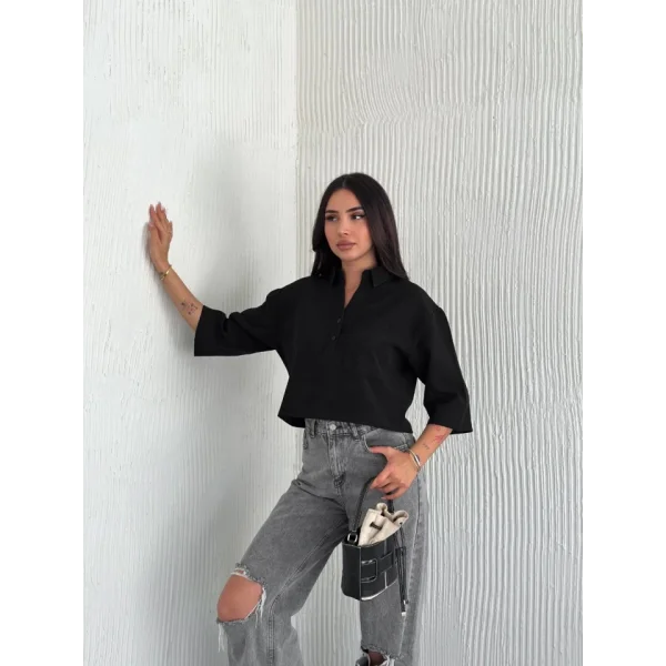 Crop Yakalı Gömlek Üç Çeyrek Sleeve Kol - Siyah
