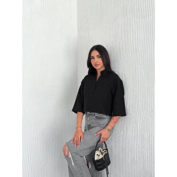 Crop Yakalı Gömlek Üç Çeyrek Sleeve Kol - Siyah