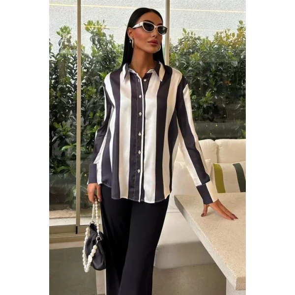 Çubuk Çizgili Şifon Saten Gömlek 3428