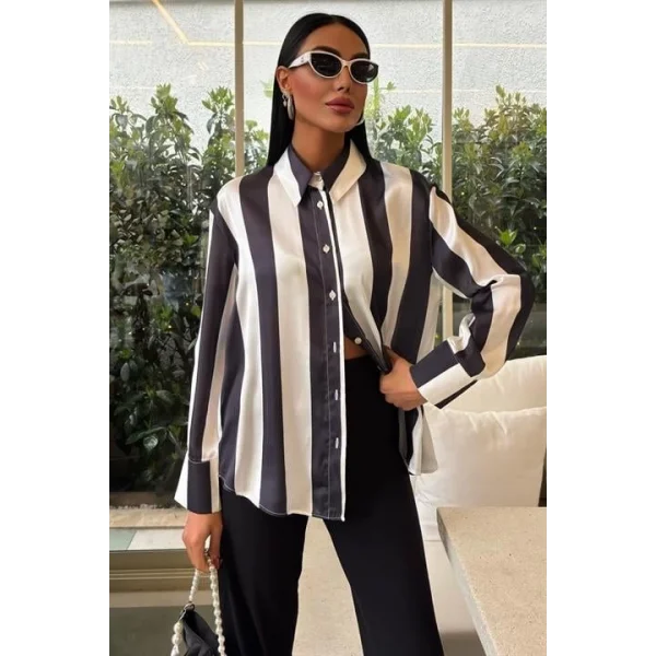 Çubuk Çizgili Şifon Saten Gömlek 3428