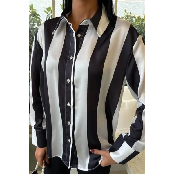 Çubuk Çizgili Şifon Saten Gömlek 3428