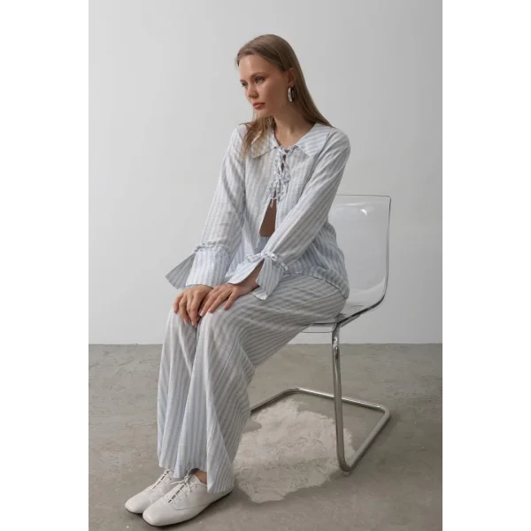 Çzgili Bağlamalı Pantolon Takım - Mavi