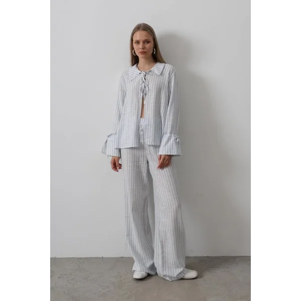 Çzgili Bağlamalı Pantolon Takım - Mavi