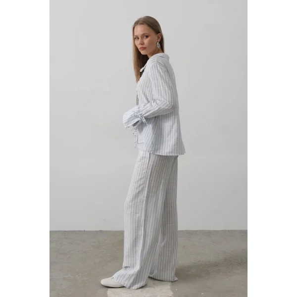 Çzgili Bağlamalı Pantolon Takım - Mavi