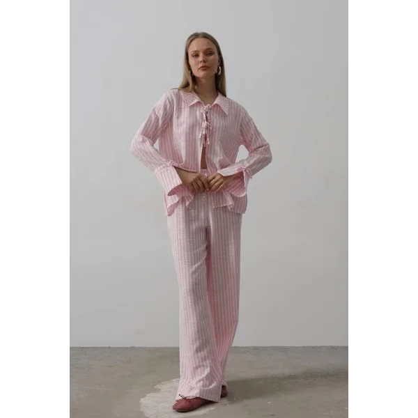 Çzgili Bağlamalı Pantolon Takım - Pembe