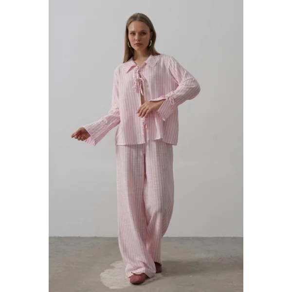 Çzgili Bağlamalı Pantolon Takım - Pembe
