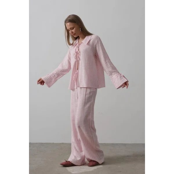 Çzgili Bağlamalı Pantolon Takım - Pembe