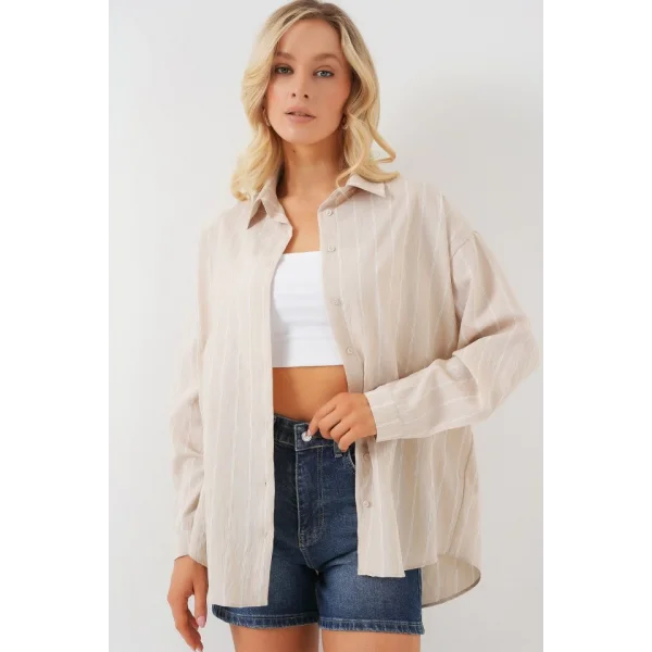 Çzigili Oversize Gömlek 20293 - Krem