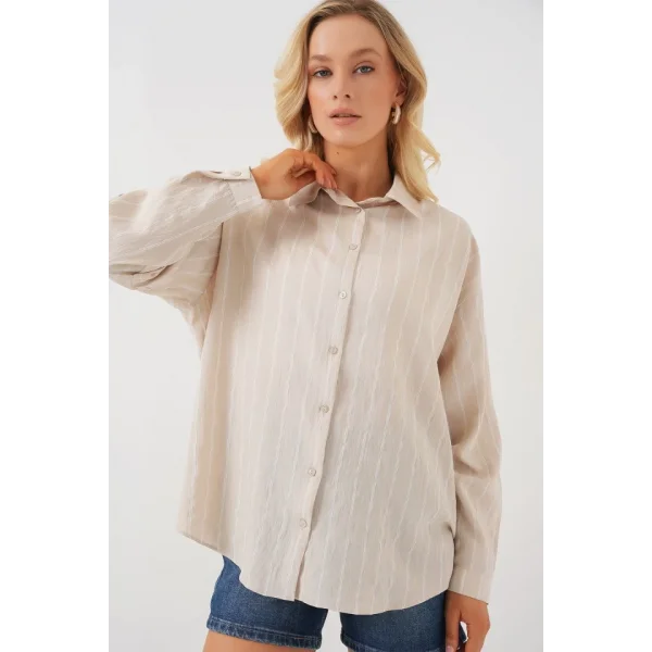 Çzigili Oversize Gömlek 20293 - Krem