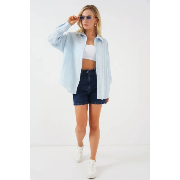 Çzigili Oversize Gömlek 20293 - Mavi