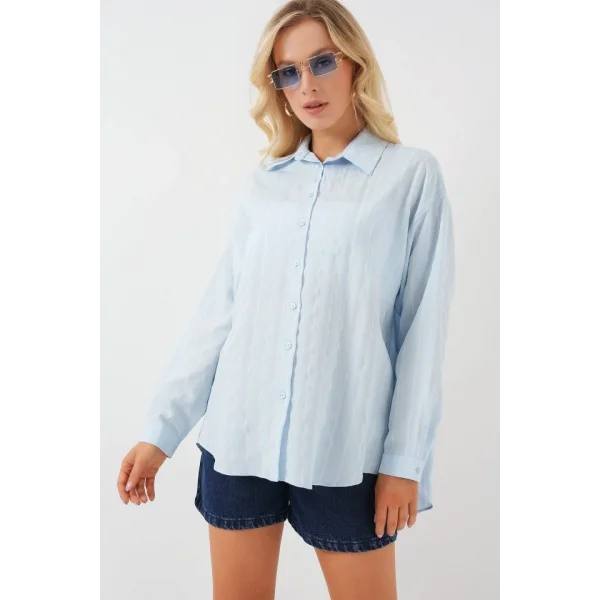 Çzigili Oversize Gömlek 20293 - Mavi