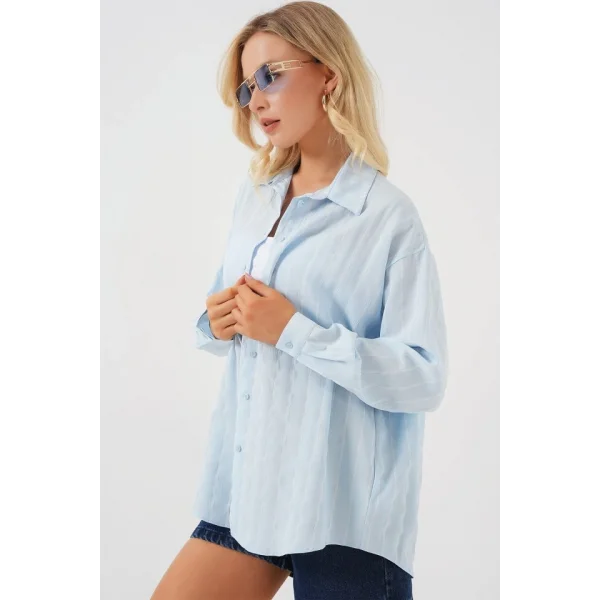 Çzigili Oversize Gömlek 20293 - Mavi