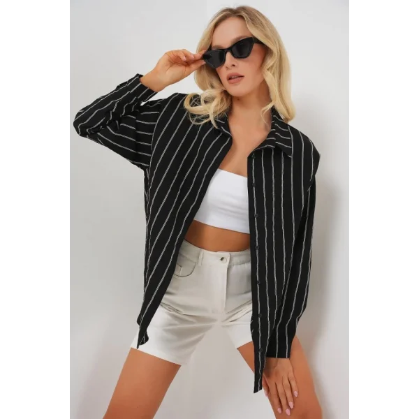 Çzigili Oversize Gömlek 20293 - Siyah