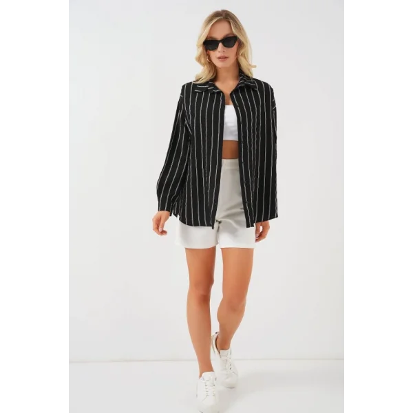 Çzigili Oversize Gömlek 20293 - Siyah