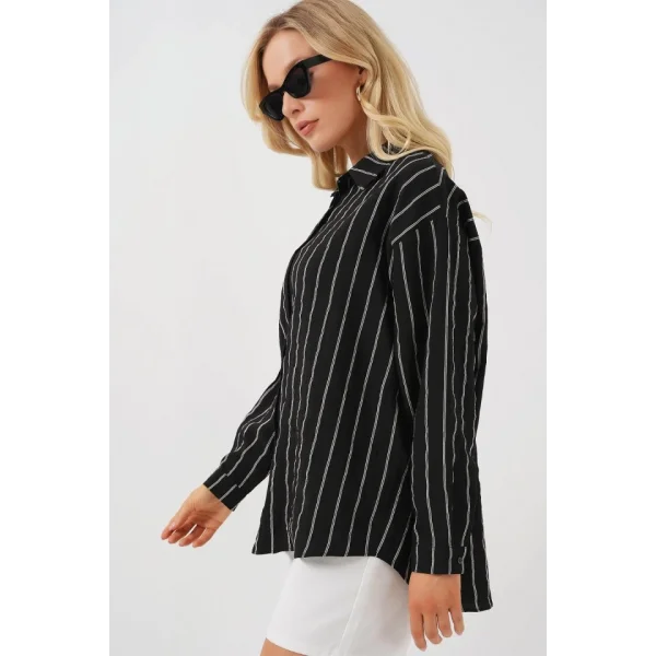 Çzigili Oversize Gömlek 20293 - Siyah