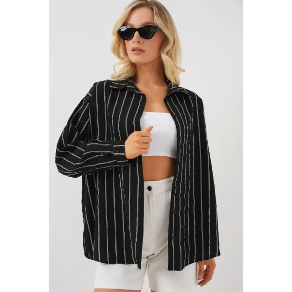 Çzigili Oversize Gömlek 20293 - Siyah