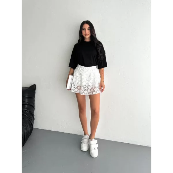 Dantel Beli Lastikli Şortlu Mini Etek - Beyaz