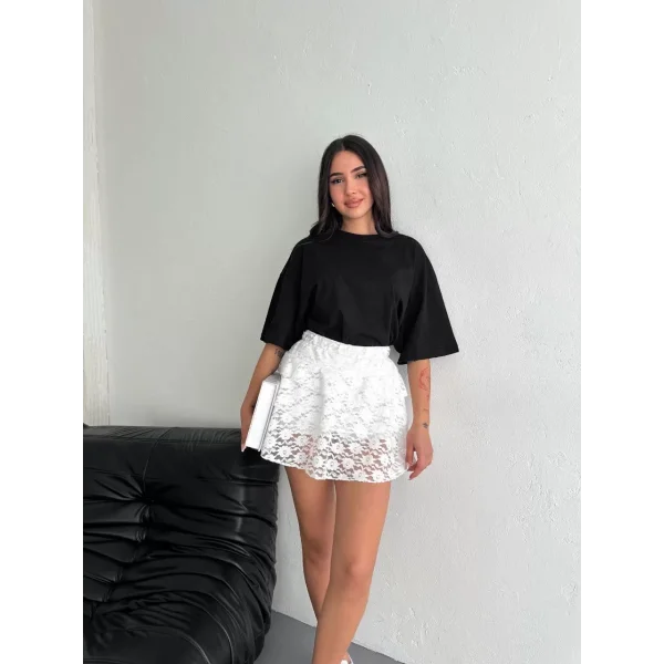 Dantel Beli Lastikli Şortlu Mini Etek - Beyaz