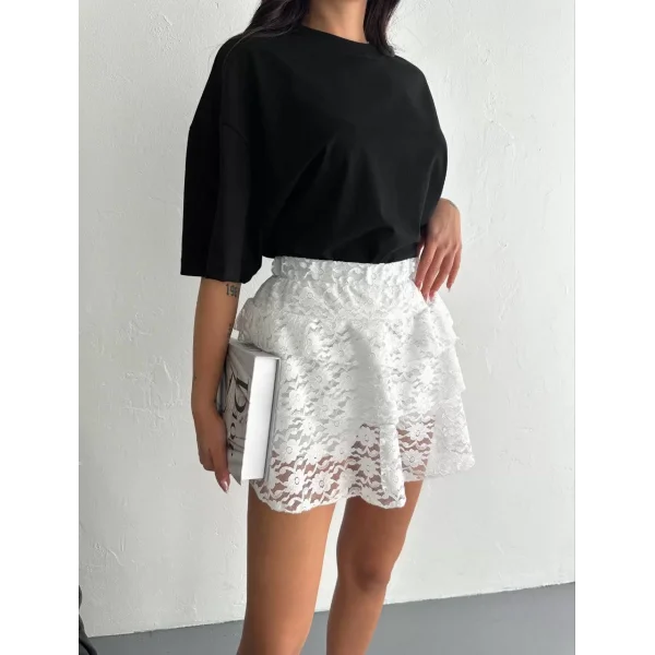 Dantel Beli Lastikli Şortlu Mini Etek - Beyaz