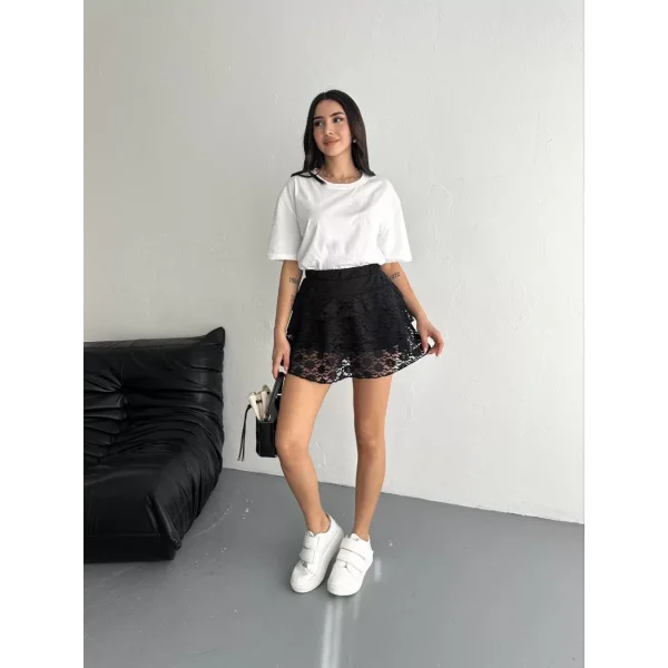 Dantel Beli Lastikli Şortlu Mini Etek - Siyah