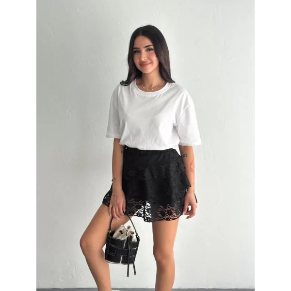 Dantel Beli Lastikli Şortlu Mini Etek - Siyah