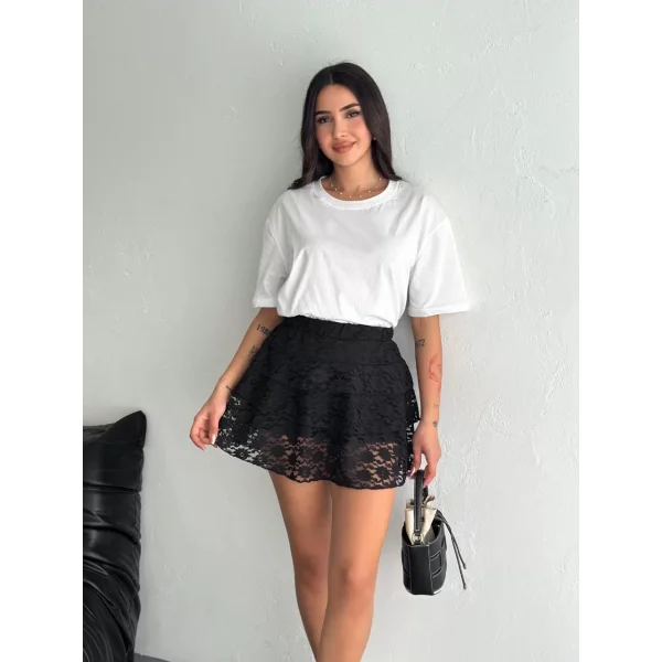 Dantel Beli Lastikli Şortlu Mini Etek - Siyah